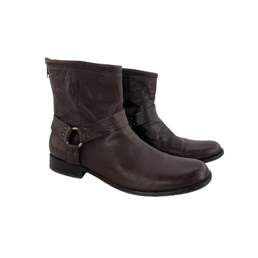 Frye Phillip Harness Leather Boots Moto Biker Zip Brown Men's 12
